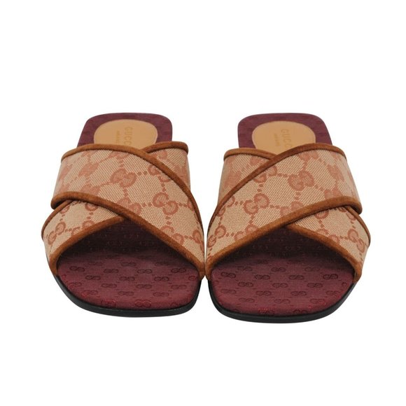 Gucci Women Senior Ruggine Cross Strap Sandals 36.5 US6.5 Red Brown Canvas Slide - Picture 2 of 9